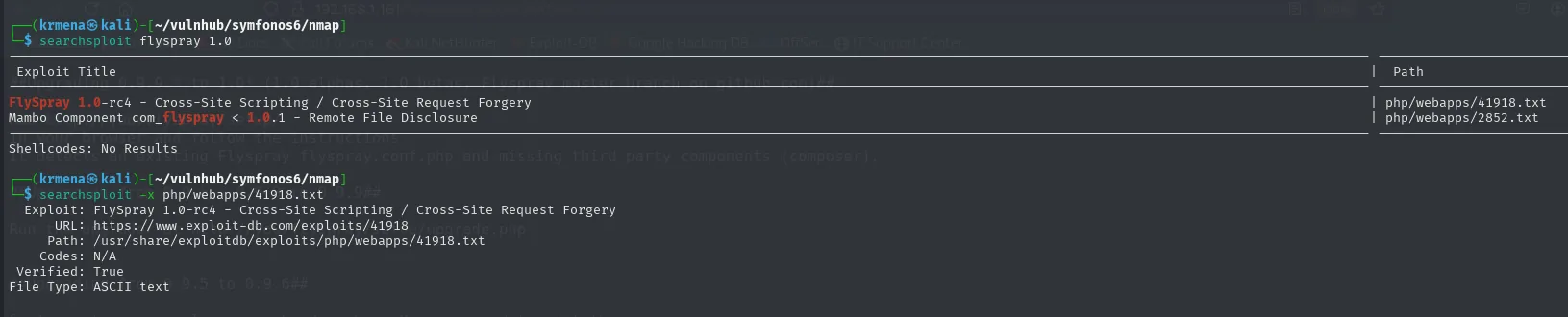 searchsploit lista dos entradas para Flyspray 1.0: la de XSS/CSRF de la 1.0-rc4 y una de Mambo, y searchsploit -x confirma la ruta del fichero 41918.txt