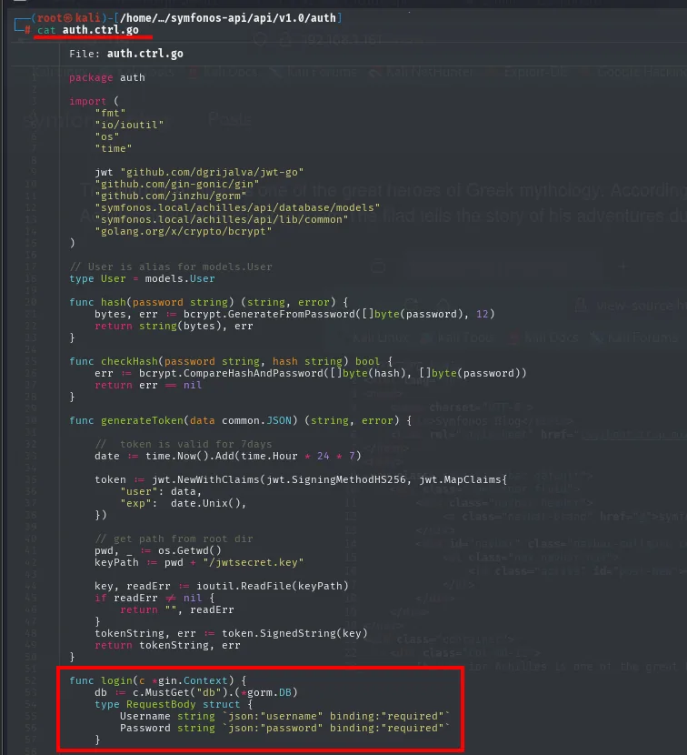 el auth.ctrl.go define la función login con un RequestBody que espera username y password en JSON, resaltado