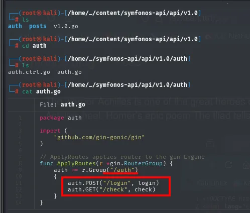 el auth.go agrupa /auth con un POST /login y un GET /check, ambos resaltados