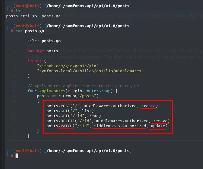 el posts.go lista las rutas del grupo /posts: POST, GET, GET /:id, DELETE /:id y PATCH /:id, con create, remove, update y middlewares.Authorized resaltados