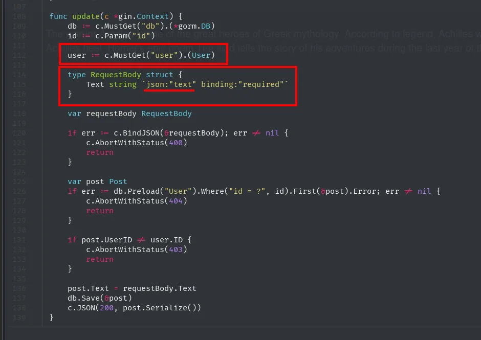 la función update de posts.ctrl.go: obtiene el usuario del contexto, espera un RequestBody con el campo text, comprueba que el post pertenezca al usuario y guarda post.Text