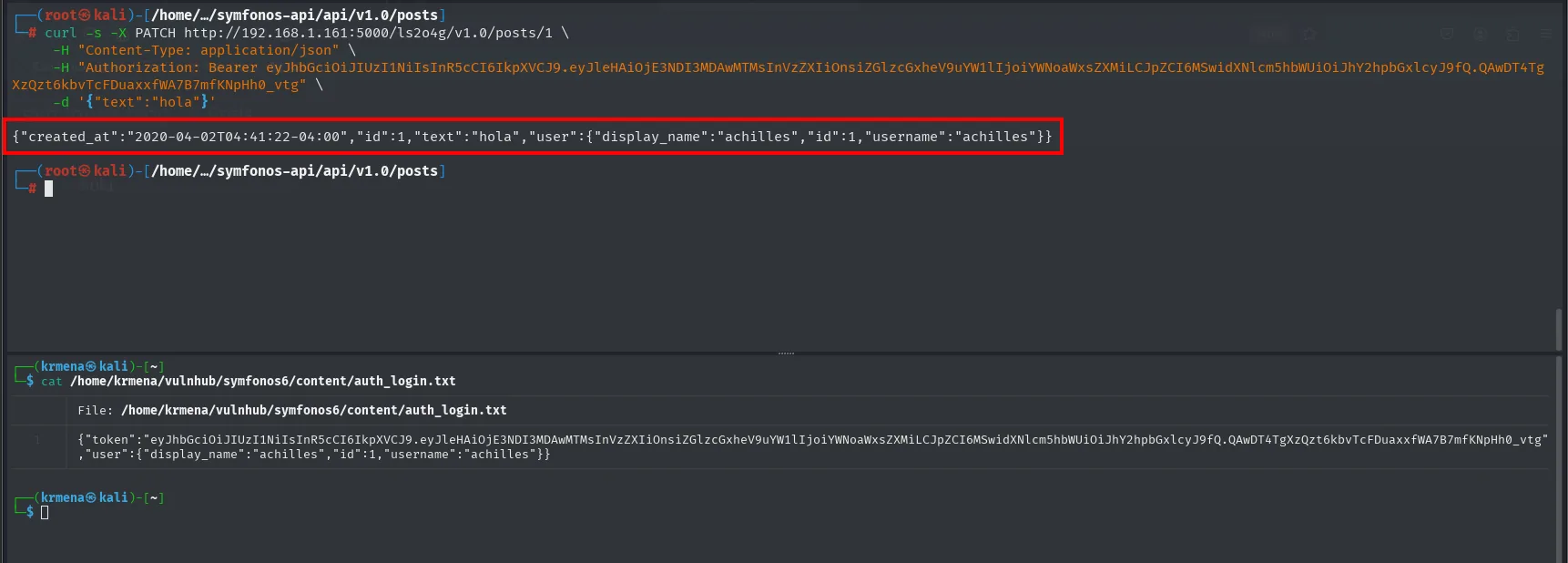 el curl PATCH con el token en la cabecera Authorization devuelve el JSON del post ya con text hola y el usuario achilles; abajo, el token guardado en auth_login.txt