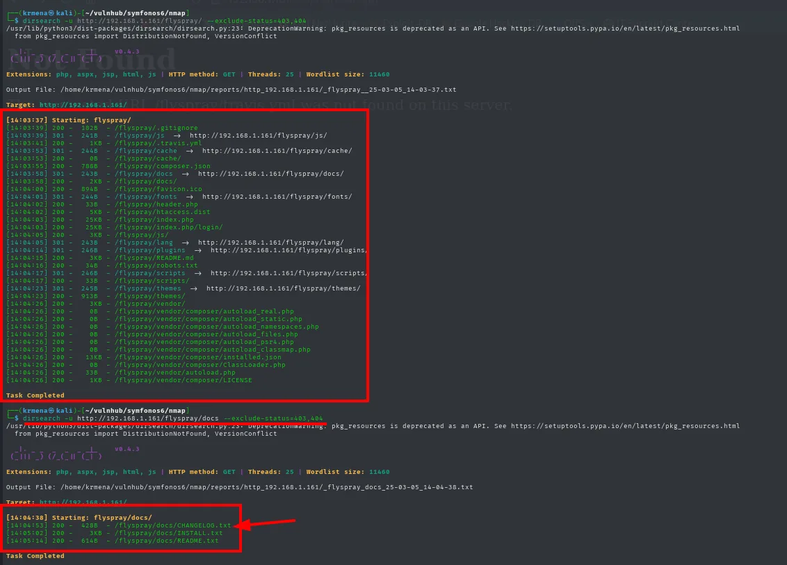 dirsearch bajo /flyspray lista .gitignore, composer.json, docs, README.md, vendor y demás; bajo /flyspray/docs aparecen CHANGELOG.txt, INSTALL.txt y README.txt