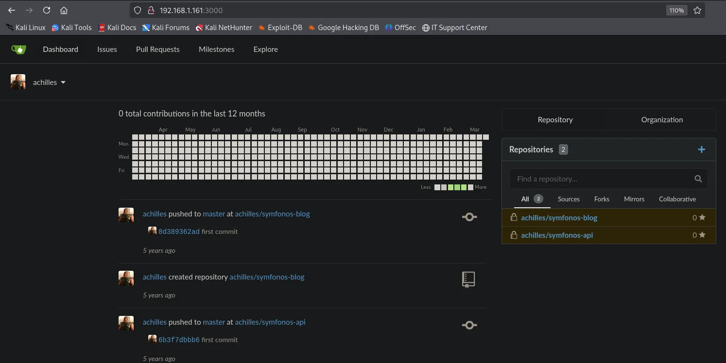 Panel de Gitea logueados como achilles: sus dos repositorios symfonos-blog y symfonos-api