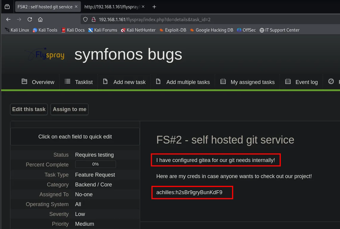 Tarea FS#2 en Flyspray: "I have configured gitea for our git needs internally!" y las credenciales achilles:h2sBr9gryBunKdF9