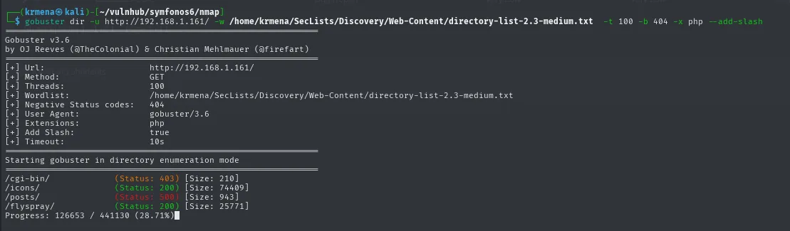 gobuster, con un diccionario de 441130 palabras, encuentra /icons, /posts y /flyspray