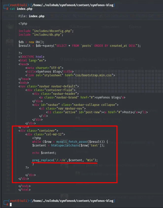 el index.php recorre los posts, los imprime y llama a preg_replace con el patrón /.*/e y el contenido del post como reemplazo
