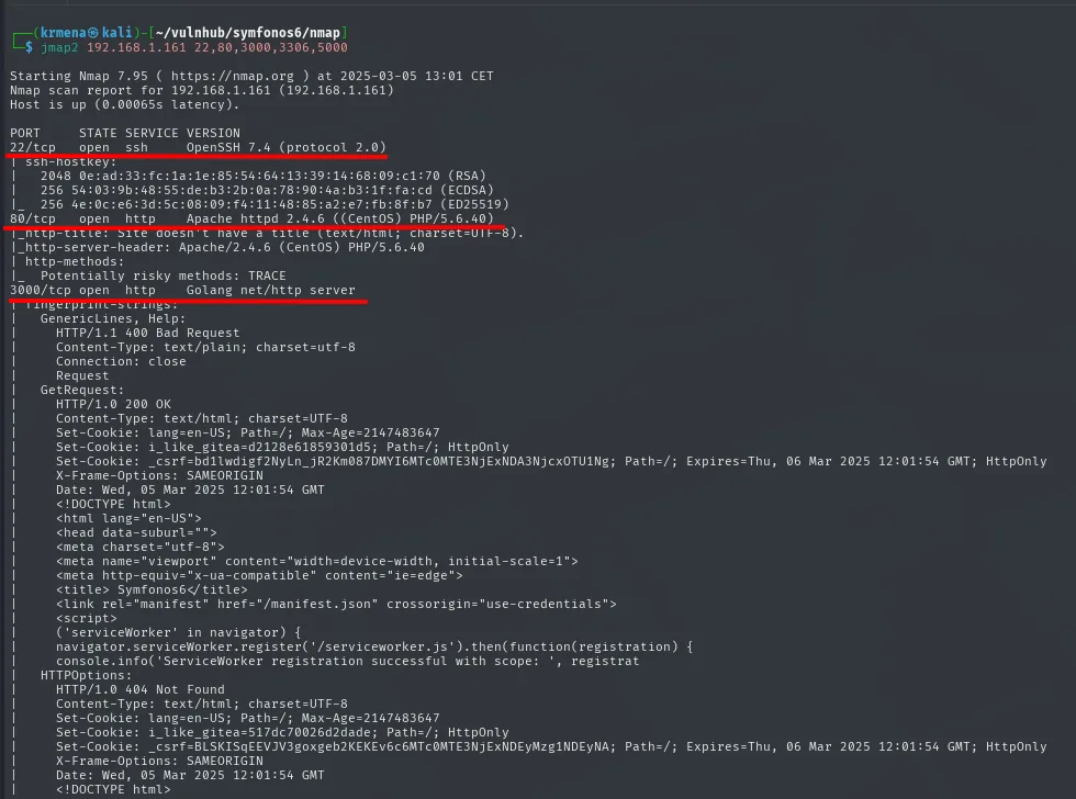 nmap identifica OpenSSH 7.4, Apache 2.4.6 con PHP 5.6.40 y un servidor Golang net/http en el 3000 que envía la cookie i_like_gitea