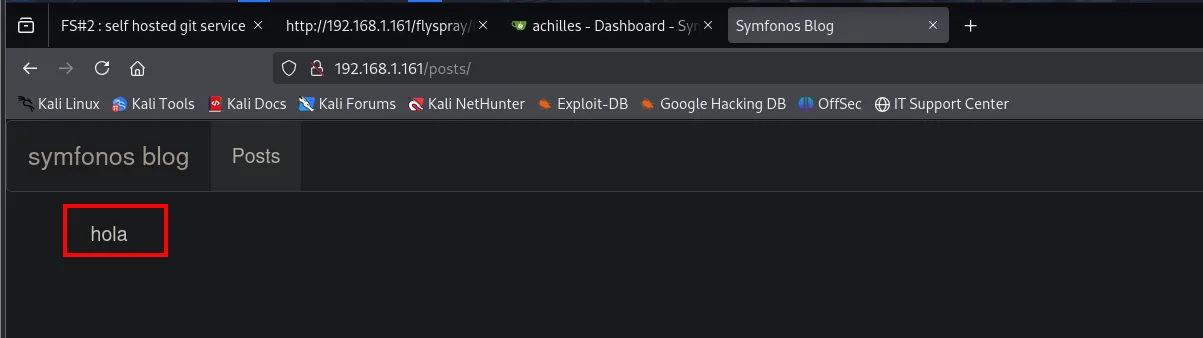 la web /posts/ muestra el texto hola, confirmando que el PATCH ha cambiado el contenido del post