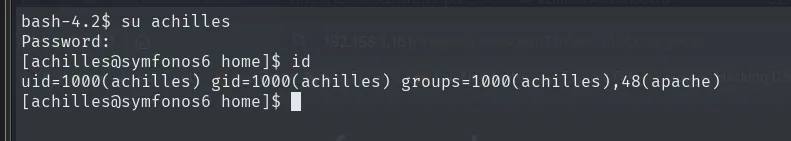 su achilles acepta la contraseña y el id confirma uid=1000(achilles) con el grupo apache heredado