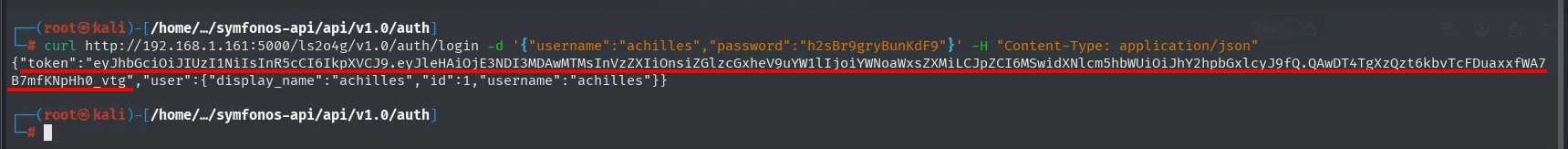la API devuelve un JSON con el token JWT y los datos del usuario achilles