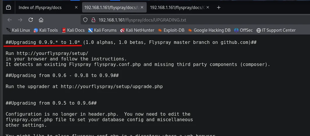 UPGRADING.txt empieza con "Upgrading 0.9.9.* to 1.0*", indicando que la versión instalada es la 1.0