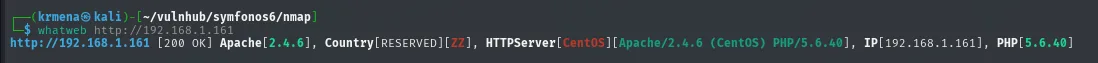 whatweb confirma Apache 2.4.6 sobre CentOS con PHP 5.6.40