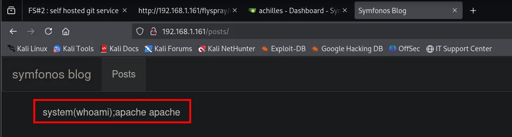 La web /posts/ mostrando "system(whoami);apache apache": el preg_replace /e ha ejecutado el PHP inyectado
