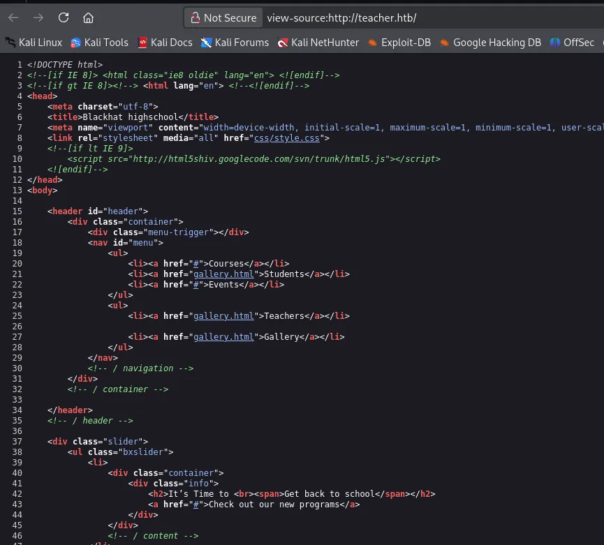 El código fuente de teacher.htb mostrando una plantilla HTML normal, con el título Blackhat highschool y enlaces a gallery.html