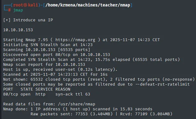 nmap -p- descubriendo únicamente el puerto 80/tcp abierto con syn-ack ttl 63