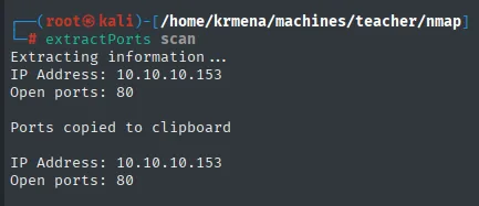 extractPorts devolviendo IP Address 10.10.10.153 y Open ports 80