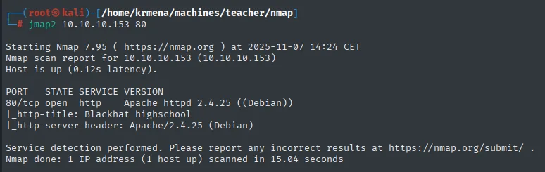 nmap -sCV: Apache 2.4.25 (Debian), título Blackhat highschool