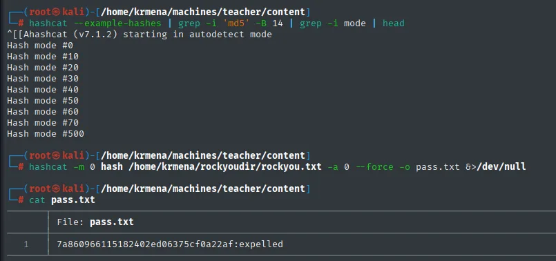 hashcat crackea el MD5 a la contraseña expelled