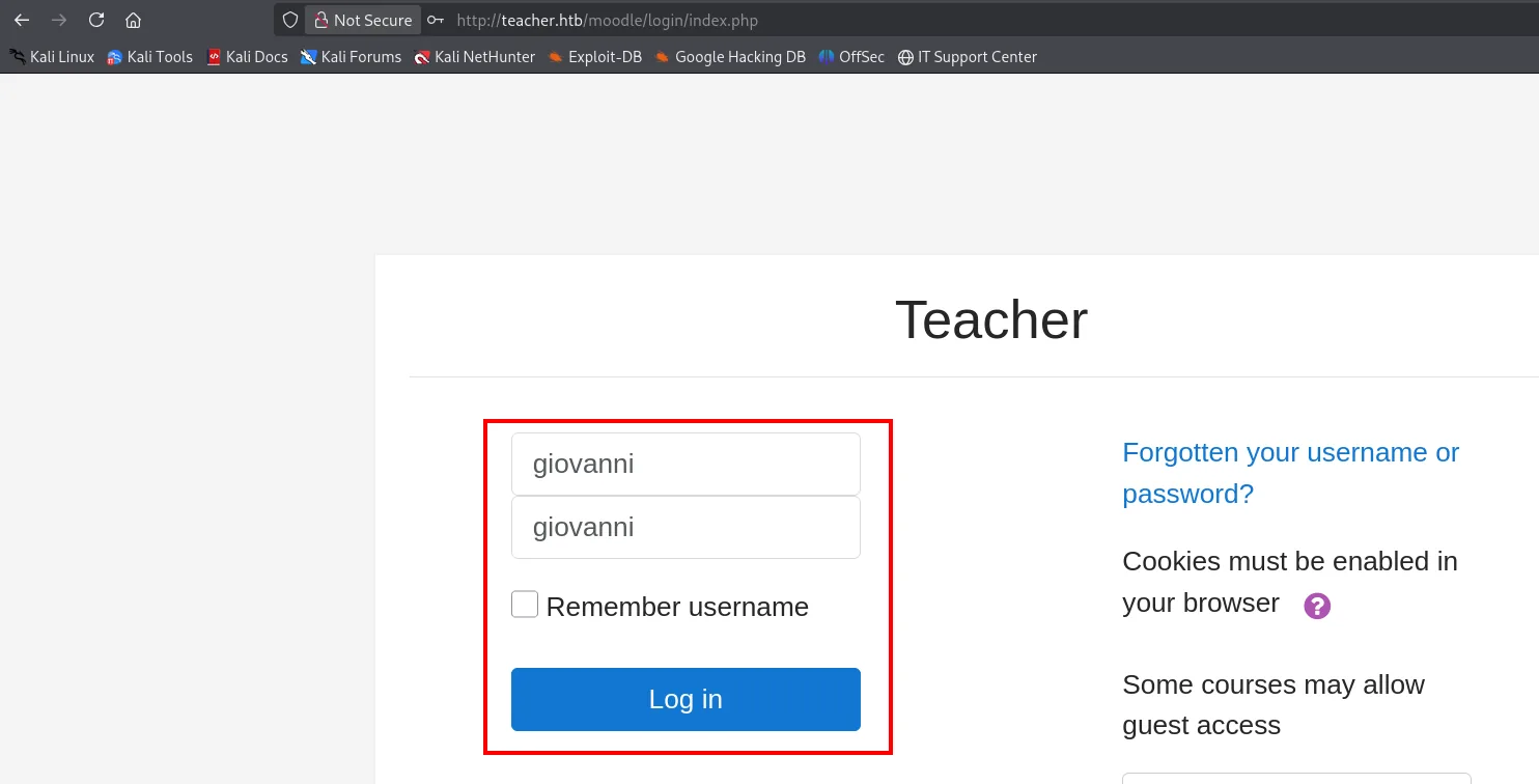 El formulario de login de Moodle en teacher.htb/moodle/login/index.php con usuario giovanni y contraseña giovanni