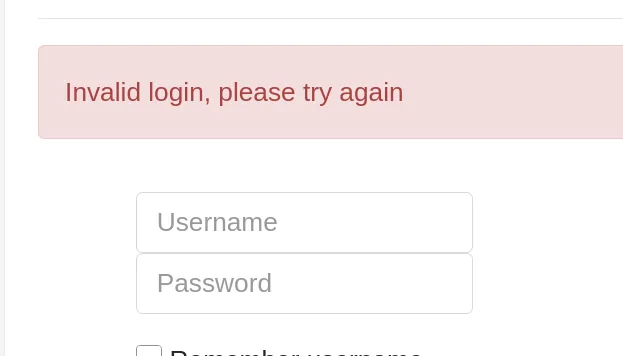La respuesta de Moodle: el aviso rojo "Invalid login, please try again"