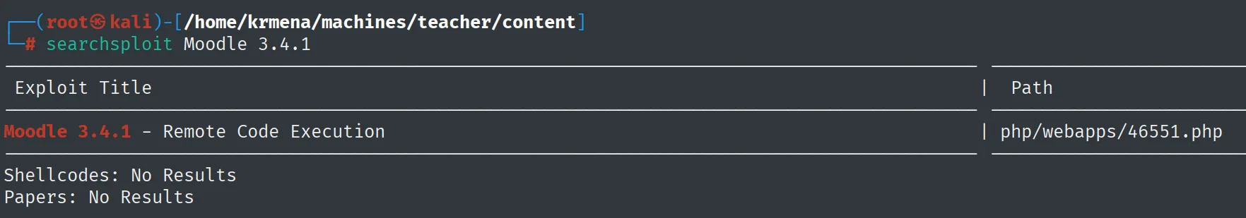 searchsploit: Moodle 3.4.1 - Remote Code Execution (46551.php)