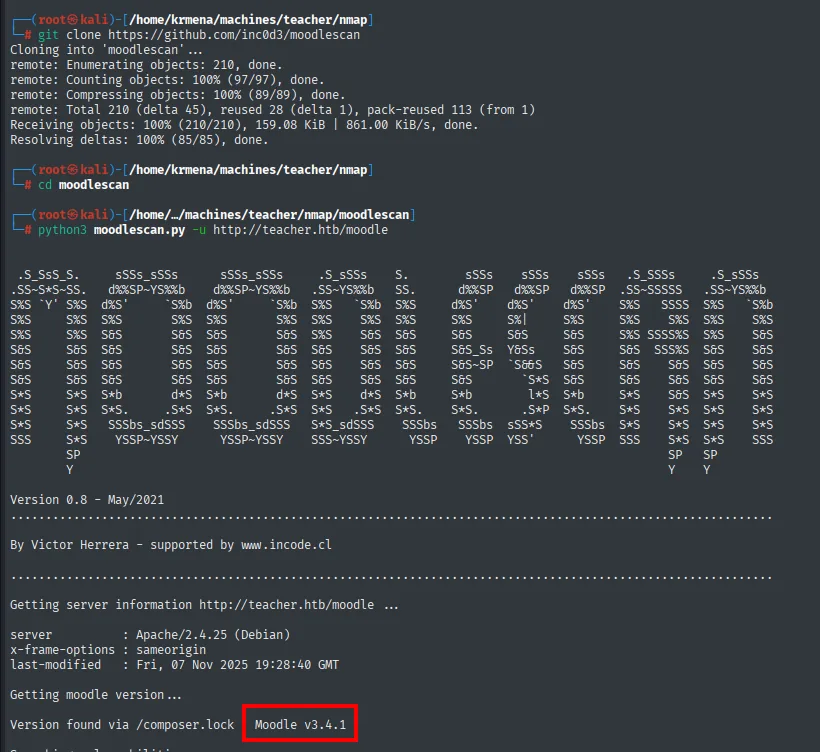 moodlescan reporta Moodle v3.4.1