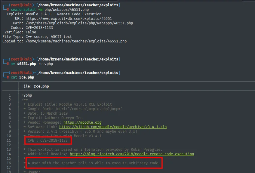 La cabecera de rce.php: CVE-2018-1133, autor Darryn Ten, y la línea "A user with the teacher role is able to execute arbitrary code"