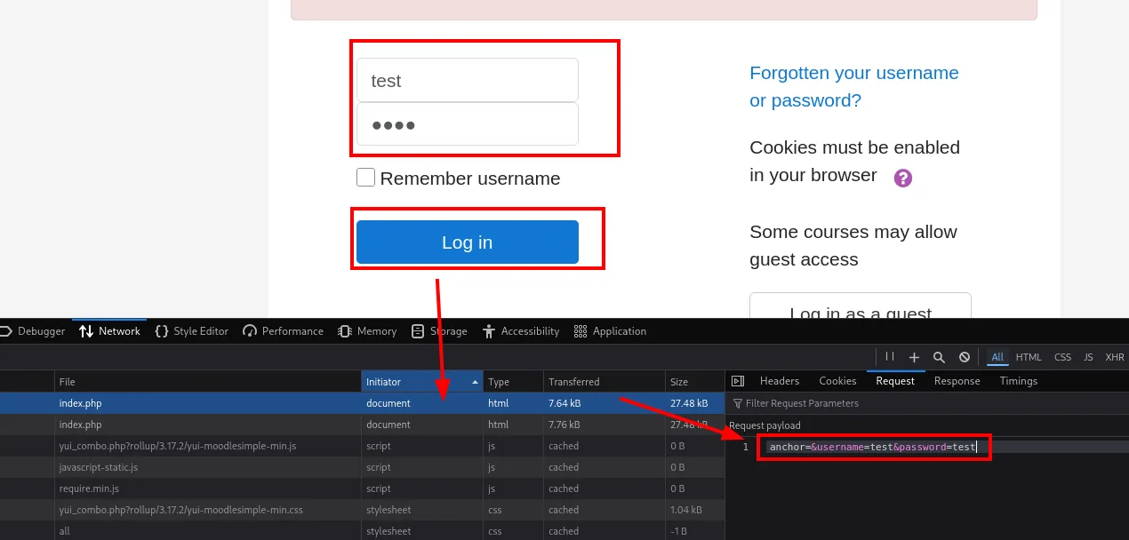 El inspector de red del navegador mostrando la petición POST a index.php con el Request payload anchor=&username=test&password=test
