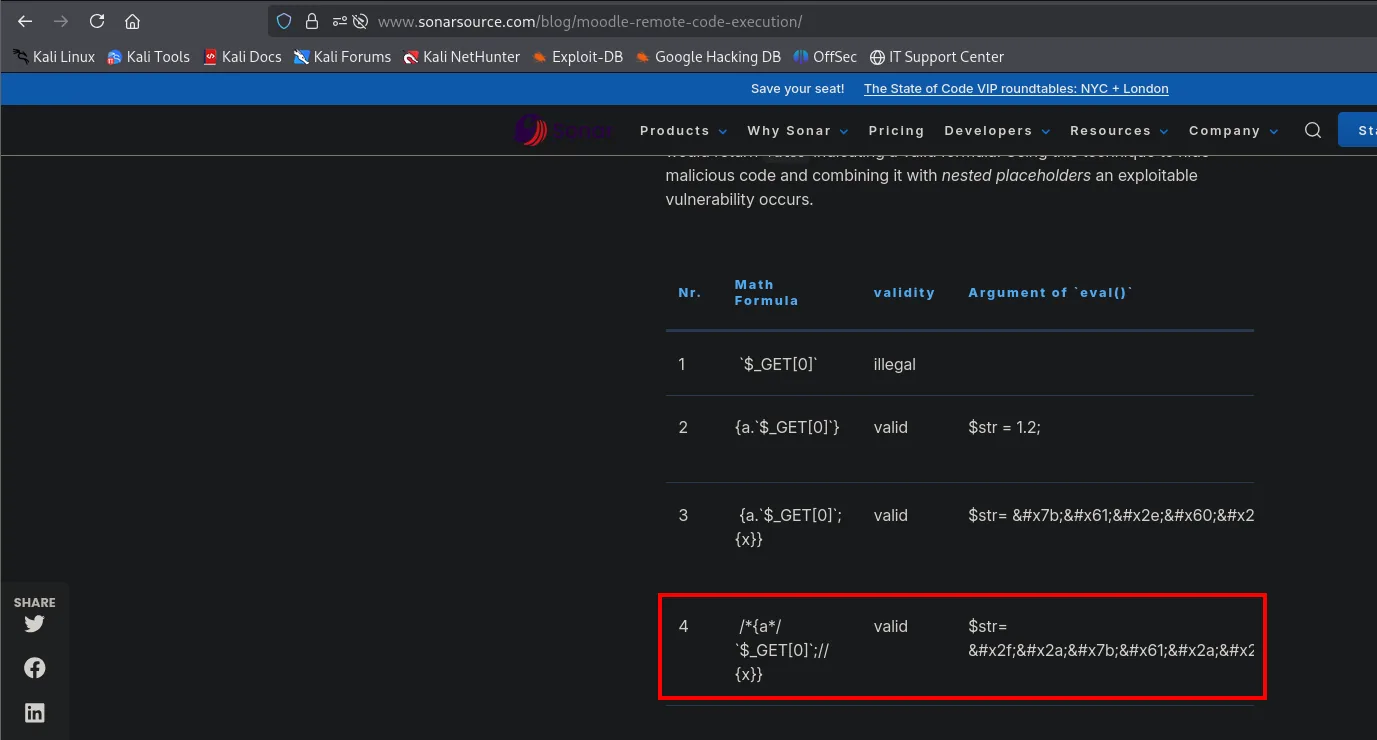 La tabla del análisis de SonarSource comparando cuatro fórmulas matemáticas y su validez; la cuarta, /<em>{a</em>/<code>$_GET[0]</code>;//{x}}, aparece como válida