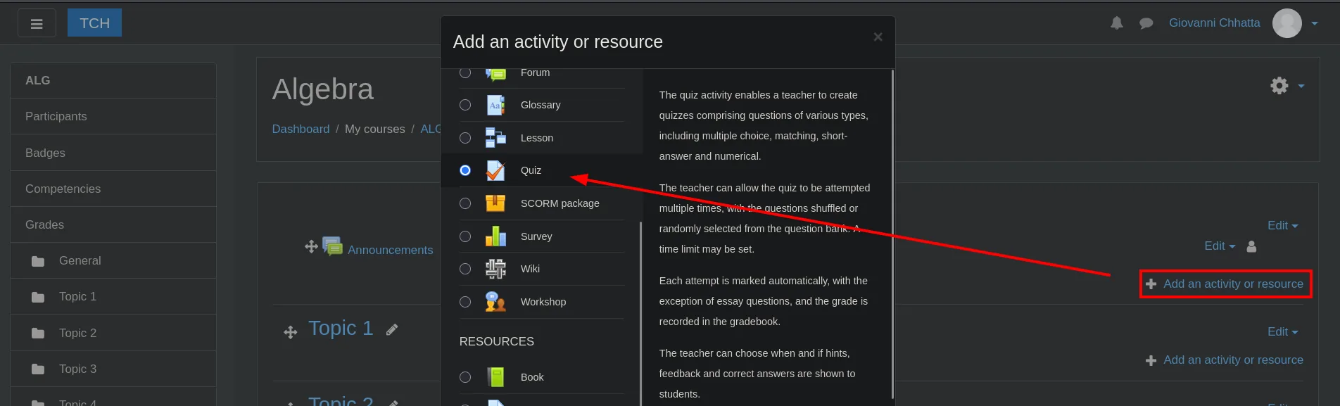 El diálogo "Add an activity or resource" del curso Algebra con la opción Quiz seleccionada