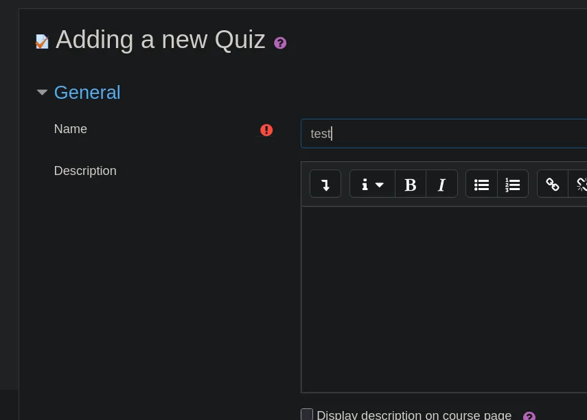 El formulario "Adding a new Quiz" con el nombre test
