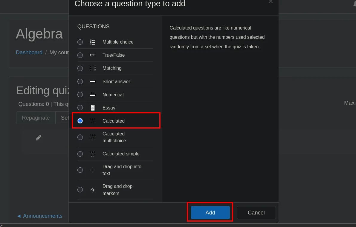 El diálogo "Choose a question type to add" con el tipo Calculated seleccionado