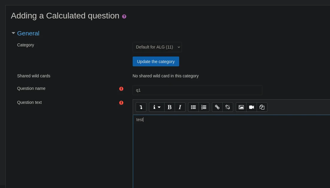 El formulario "Adding a Calculated question" con el nombre q1 y el texto de la pregunta