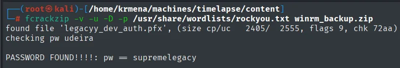 fcrackzip encuentra la contraseña del zip: supremelegacy