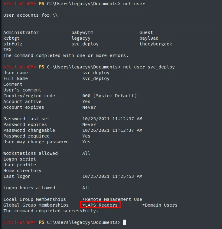 net user svc_deploy: la cuenta pertenece al grupo LAPS Readers