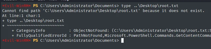 type ..\Desktop\root.txt falla con Cannot find path en el escritorio del Administrator
